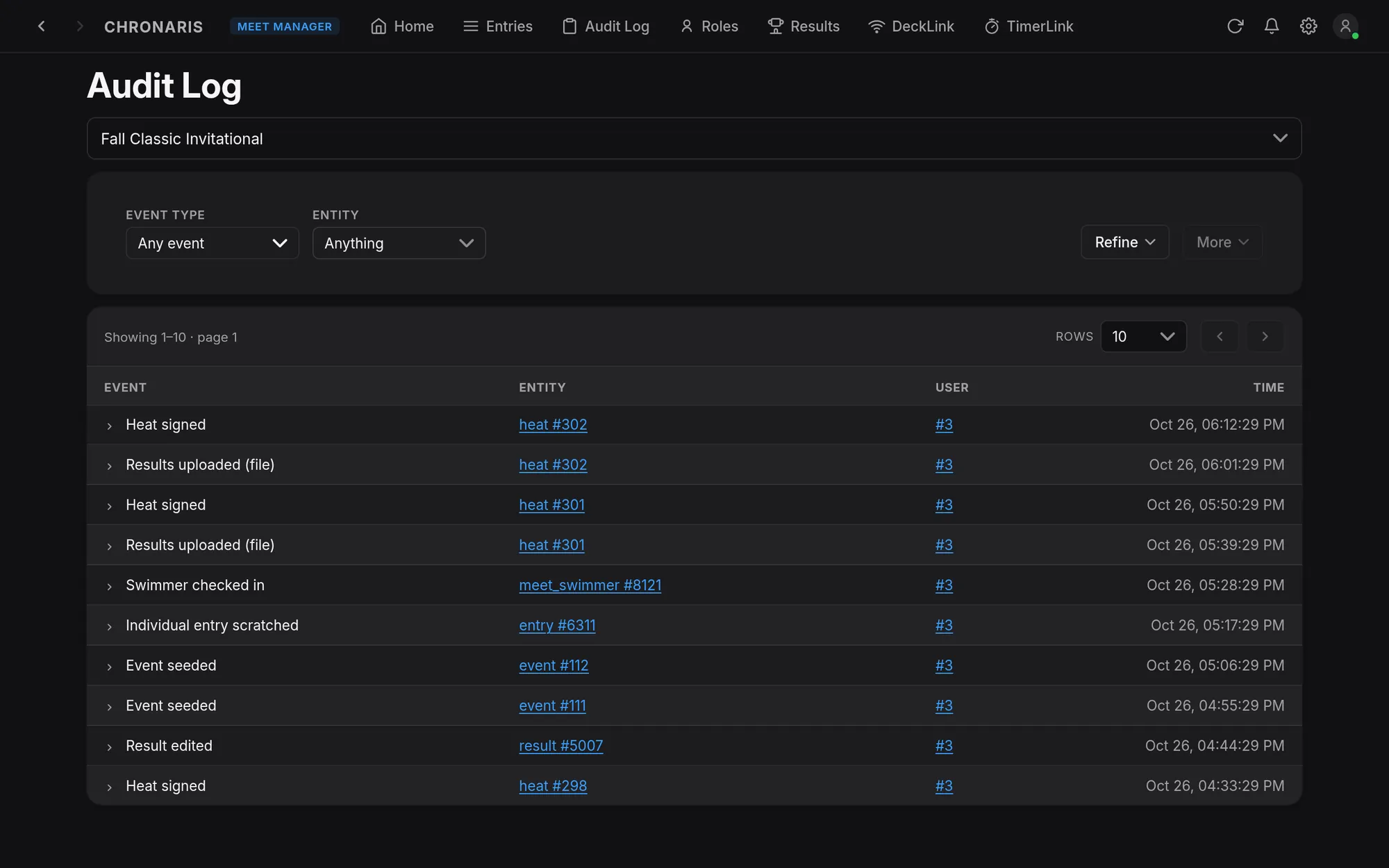 Audit log listing heat signatures, result uploads, check-ins and seeding events