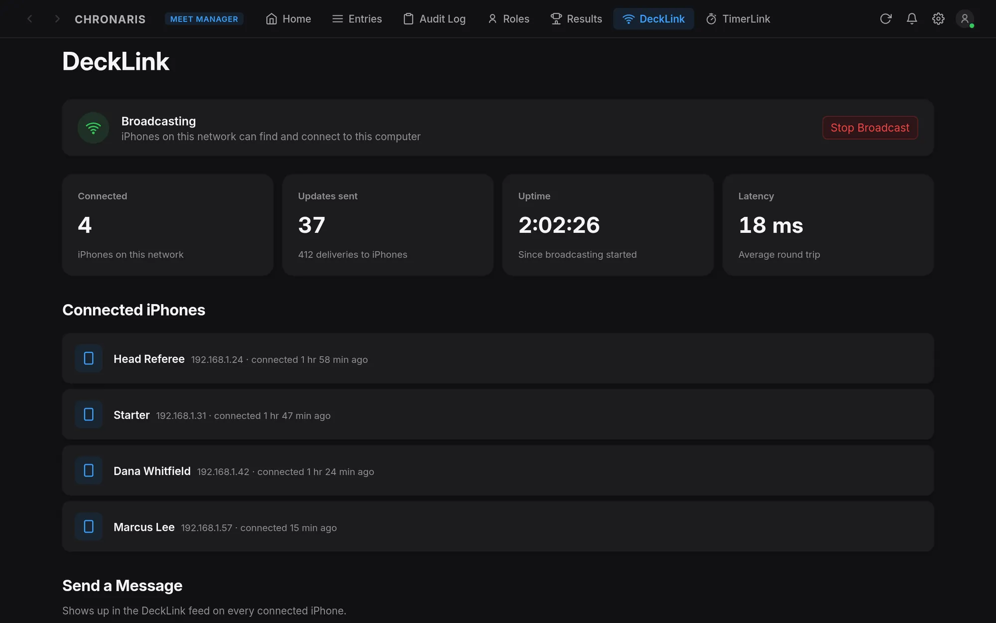 DeckLink broadcast active with four connected devices, events broadcast and latency stats