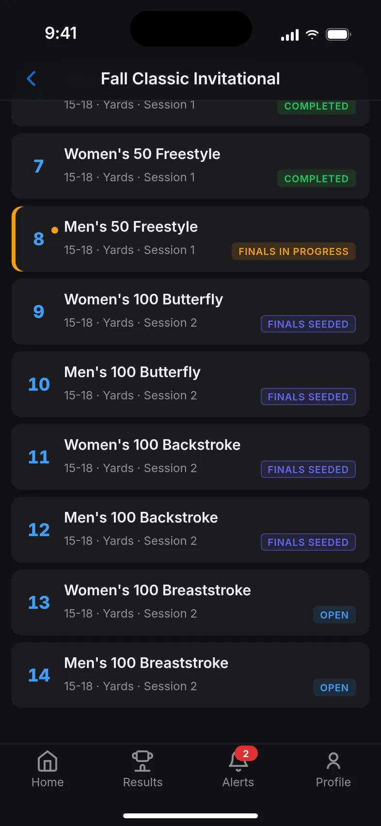 Meet event list showing completed, in-progress and seeded events