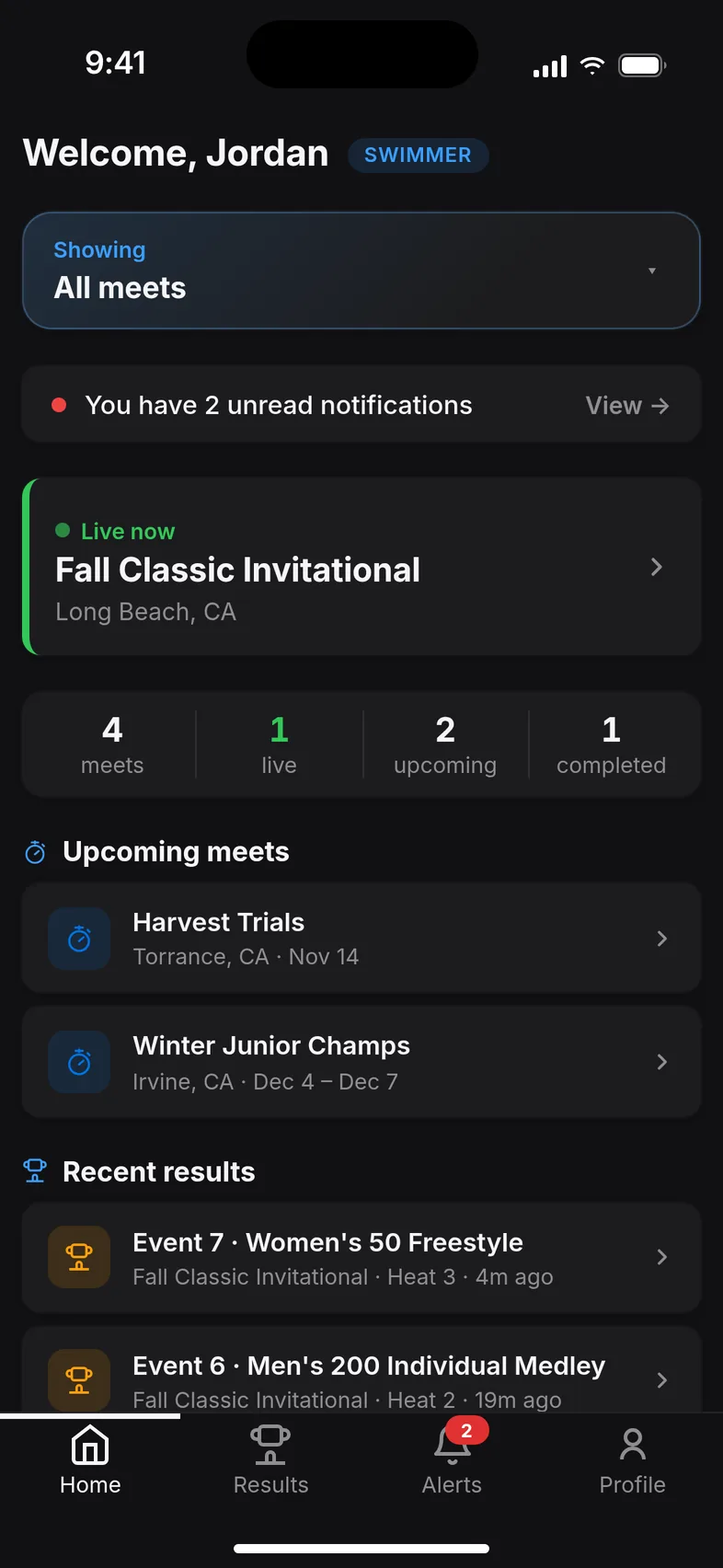 Chronaris home screen showing a live meet, upcoming meets and recent results